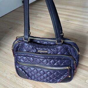 MZ Wallace Crosby Quilted Bag in deep purple/blue with leather details.